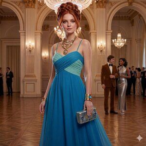 VTG 70s FAIRY BLUE Ruched chiffon maxi A-line prom formal empire party dress xs